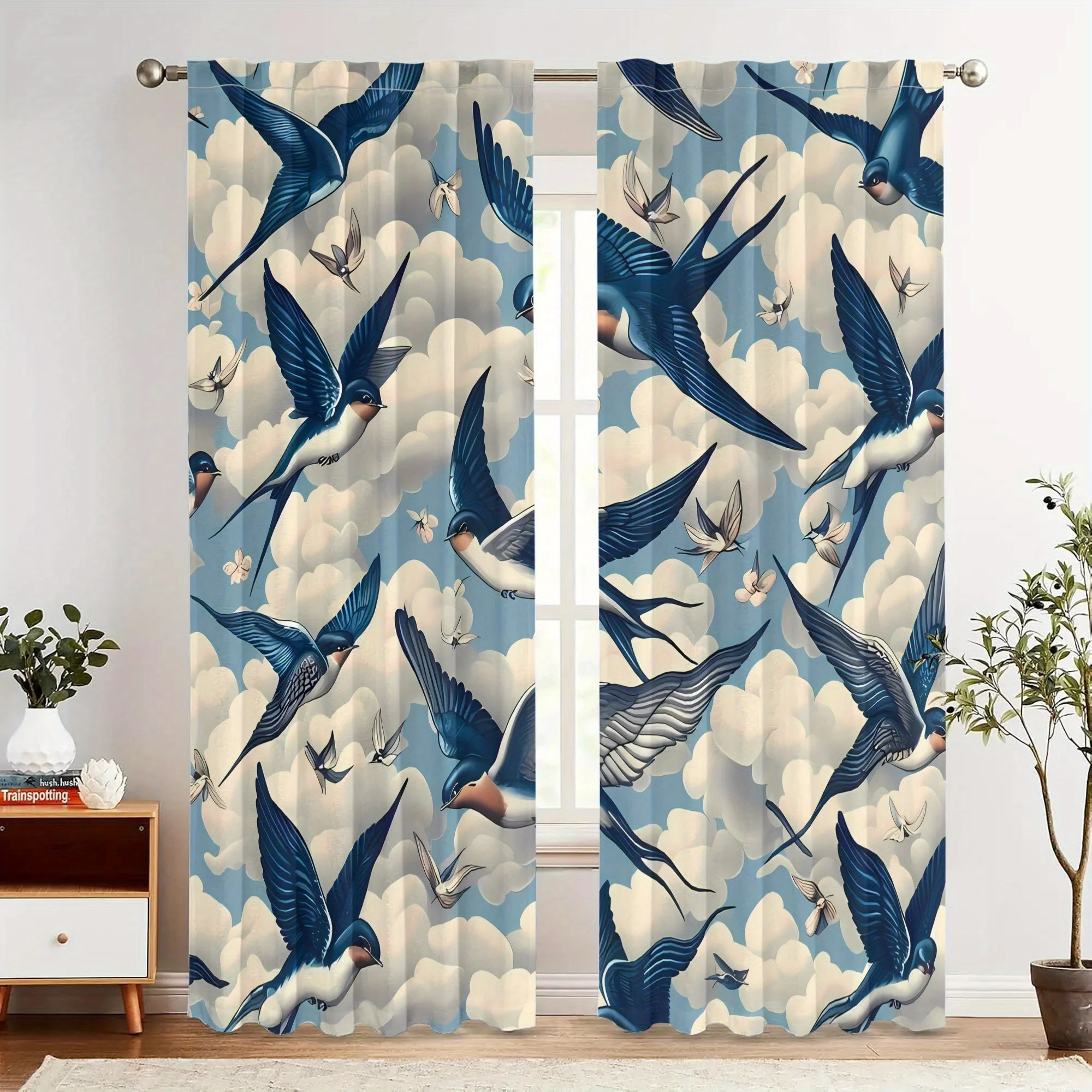 2pc Swallow pattern curtains, made of polyester fabric, machine washable, suitable for living room and bedroom.