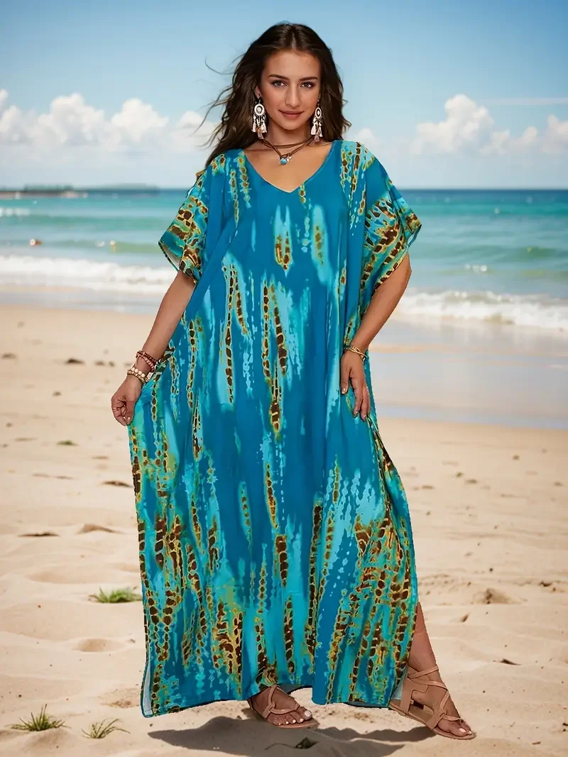 Oversized V-Neck Batwing Short Sleeve Kaftan Maxi Dress, Women's Turquoise Gradient Tie Dye Leopard Print Loose Side Split Cafta