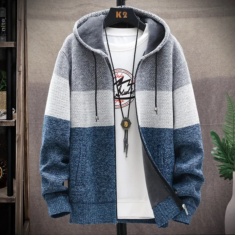 

Men's Hooded Jumper Cold Sweater Winter Cardigan Fleece Wool Autum Warm Loose Zip Up Jacket Male Knitwear Coat