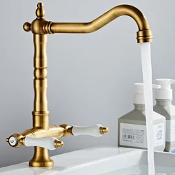 Faucet for Kitchen Dual Handle Antique Brass Retro Faucet 360 Degree Rotation Kitchen Sink Taps Deck Mounted Bathroom Sink Mixer