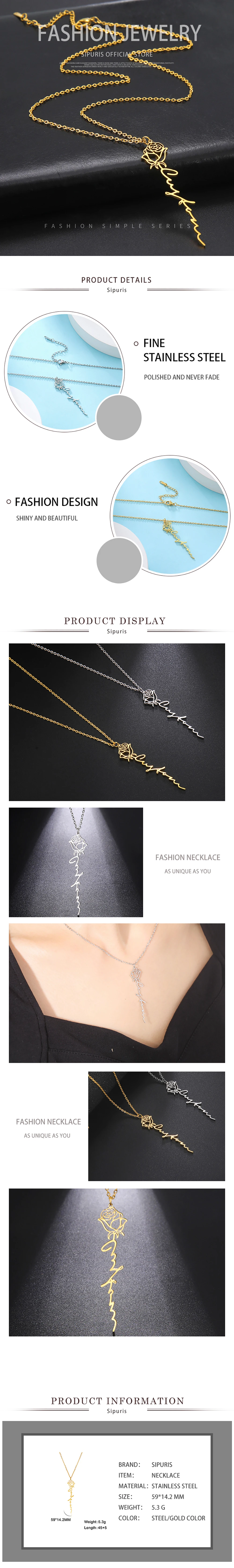 Sipuris Personalisierte Namenskette mit Geburtsblume für Damen und Herren, Edelstahl-Namensschild-Anhänger, Schmuck, Geburtstagsgeschenke – Detail 6