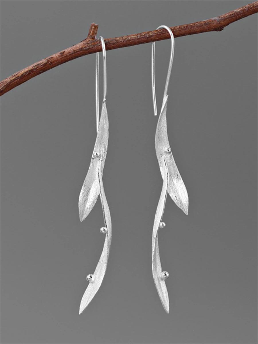 Original Design Leafy Wind Earrings S925 Pure Silver Artistic  Personality Silver Gold Vintage Leaf Women's Fashion Jewelry