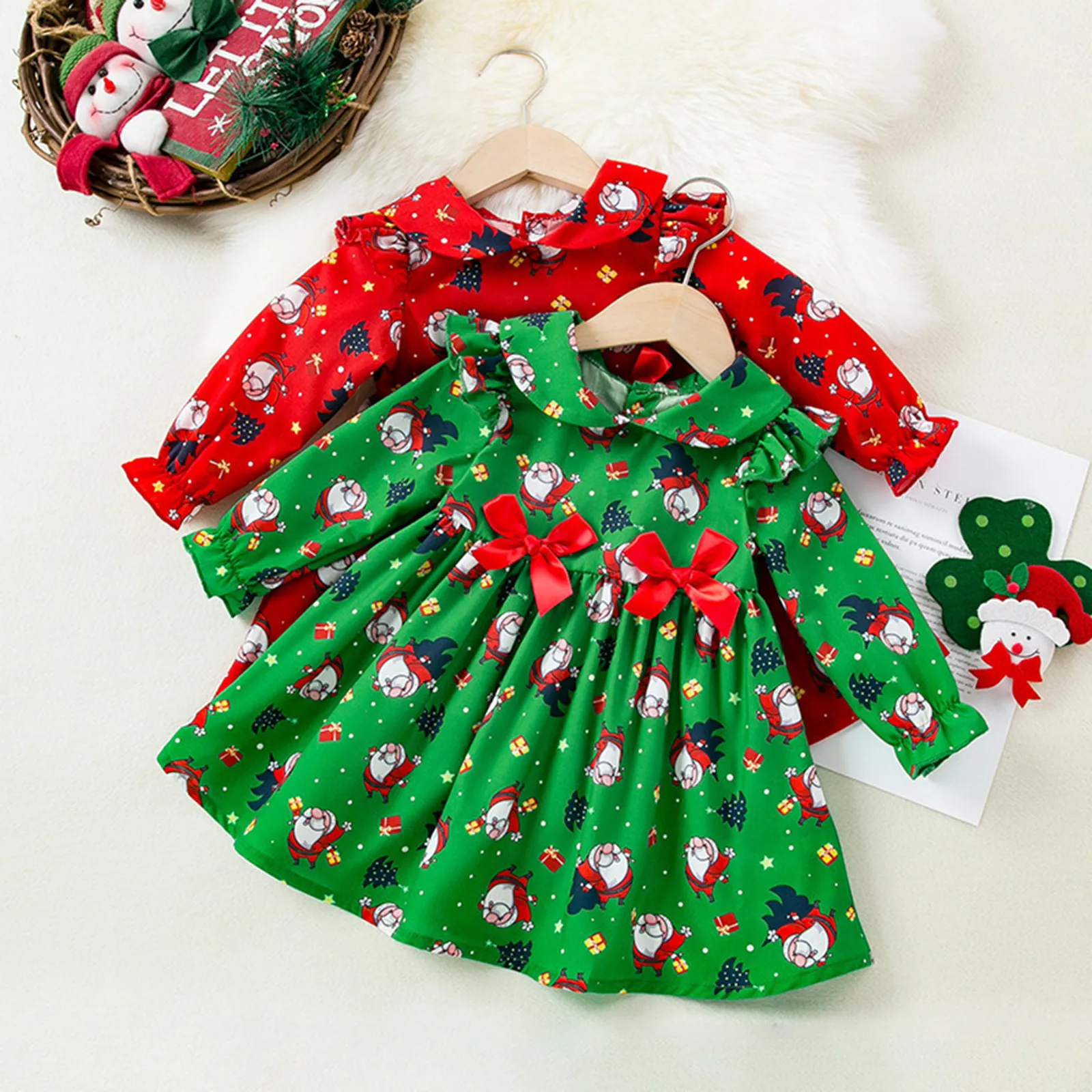 Girls Christmas Long Sleeve Santa Claus Printed Bow Dress Spring Autumn New Long Sleeve Slim Fit Princess Dress Carnival Costume