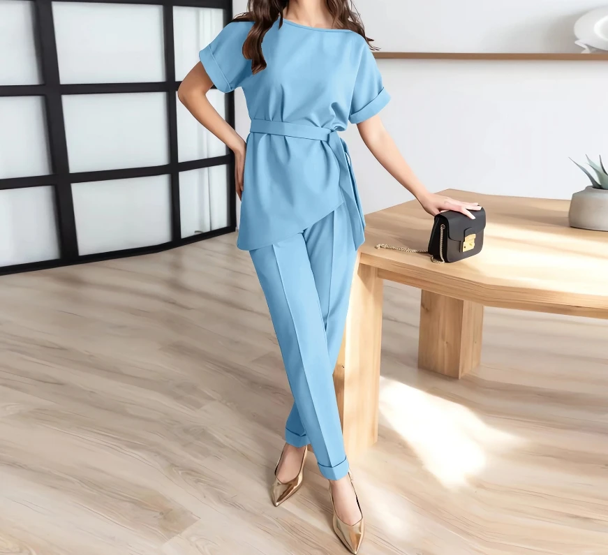 

Women's Two-piece Temperament Commuting Solid Color Round Neck Short Sleeve Tie Detail Blouse Top and Pencil Cuffs Pants Set