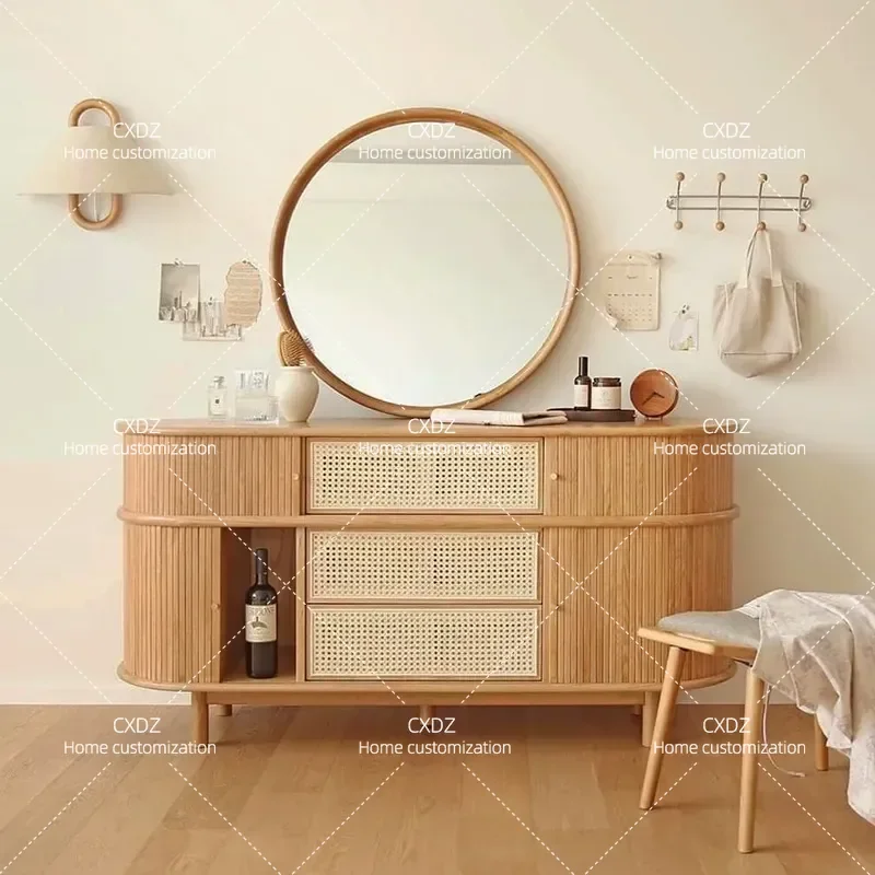 Nordic Solid Wood Rattan Dining Side Cabinet Retro Roller Shutter Storage Unit Small Apartment Porch Console with Drawers