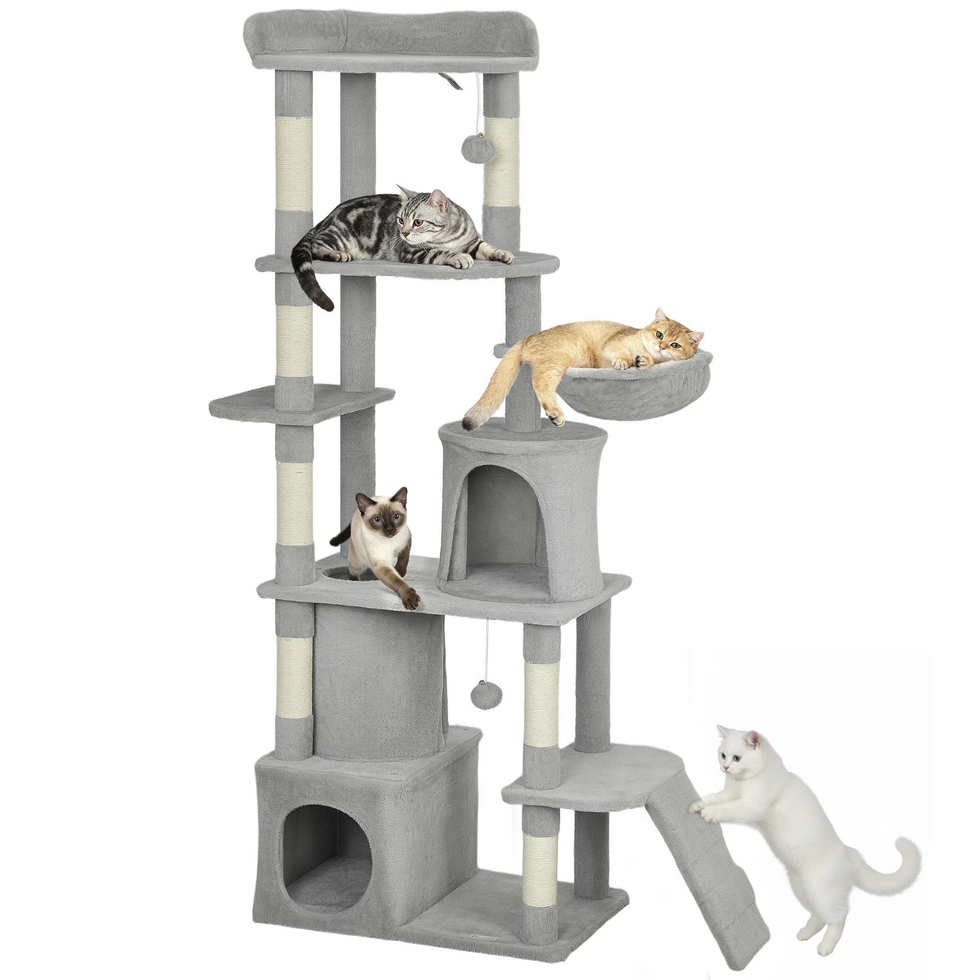Pawhut Grote Krabpaal Hoogte 170 cm met 7 palen, 1 tunnel, 3 platforms, 2 holten, 1 hangmat