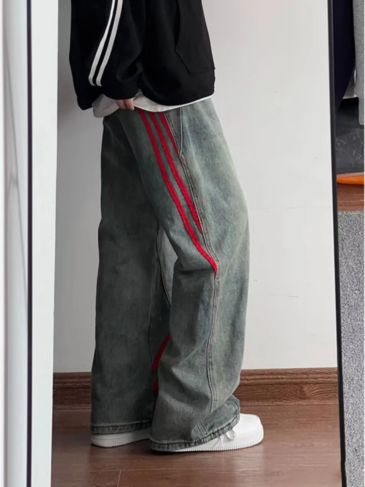 

Retro American Striped Weave Belted Denim Jeans Men's Autumn Winter Loose Hip Hop Straight Leg Pants Trendy Street Sle