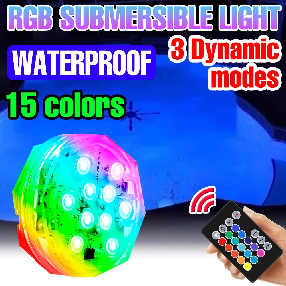 LED RGB Submersible Light Underwater Lamps 15Colors Swimming Pool Party Atmosphere Lamp Waterproof Dimmable Aquarium Lighting