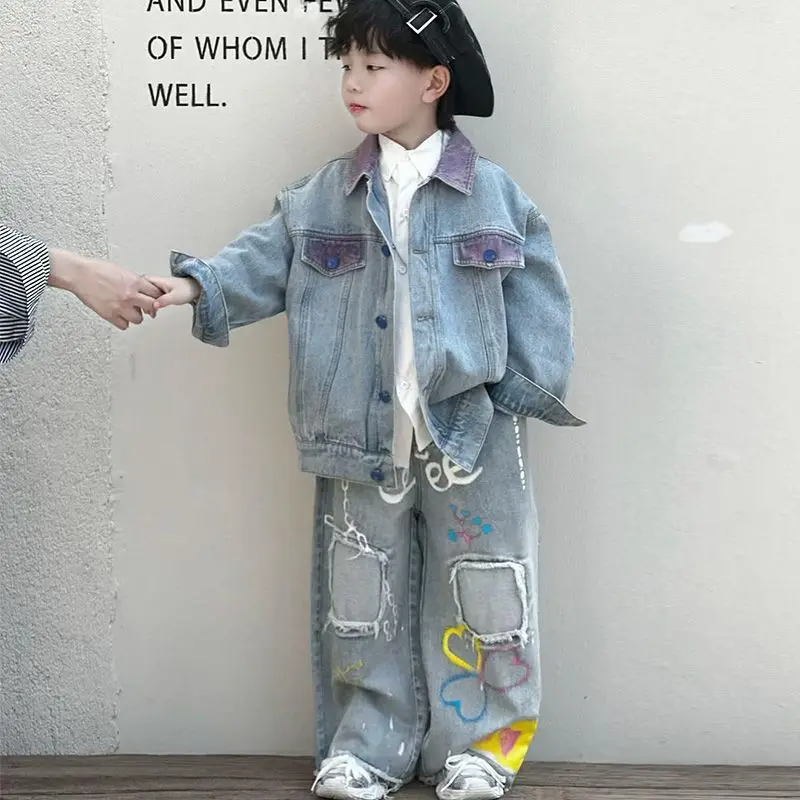 

90-140cm Children's Set Spring/Autumn New Korean Edition Boys' Deinm Jacket Graffiti Jeans Trendy Cool Two Piece Set