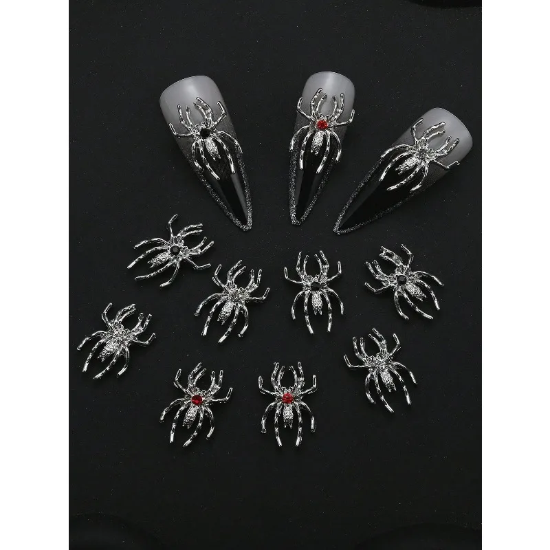 10Pcs Silver Alloy Spider Nail Charms Heart Rhinestone Inlaid Vintage Gothic Metal Ornaments for DIY Press On Nail Decor Supplie