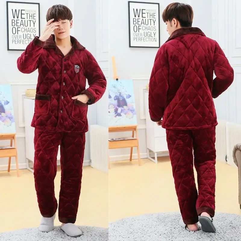 2024 New Pajama Men Winter Quilted Loungewear Plus Thick Velvet Sleepwear Three Ply Cotton Flannel Nightwear Warm Homewear Suit