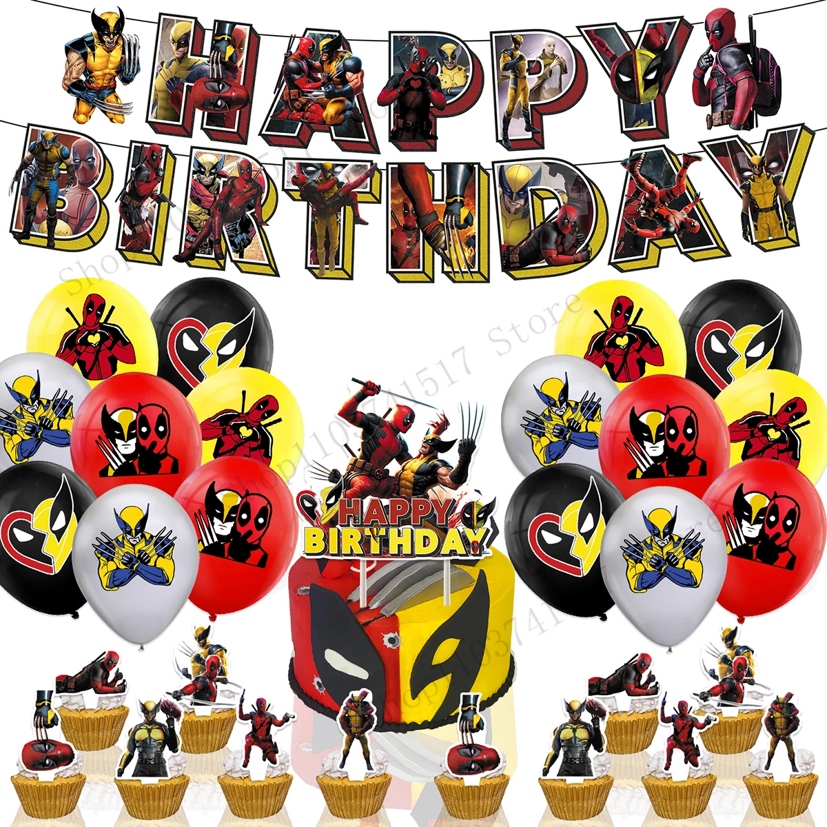 

Deadpool Iron Man Party Decoration Children's Happy Birthday Banner Cake Insert Balloon Marvel Baby Shower Supplies