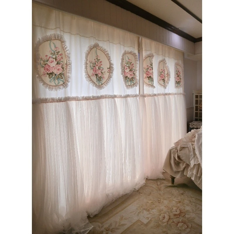 Customized beige cotton and linen three-dimensional rose flower fungus edge dream layer yarn curtains