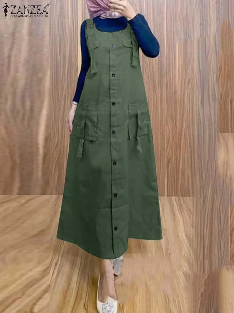 ZANZEA Casual Cargo Dresses Women Muslim Fashion Work Wear Suspender Dress Islamic Hijab Style Daily A-line Overall Vestidos