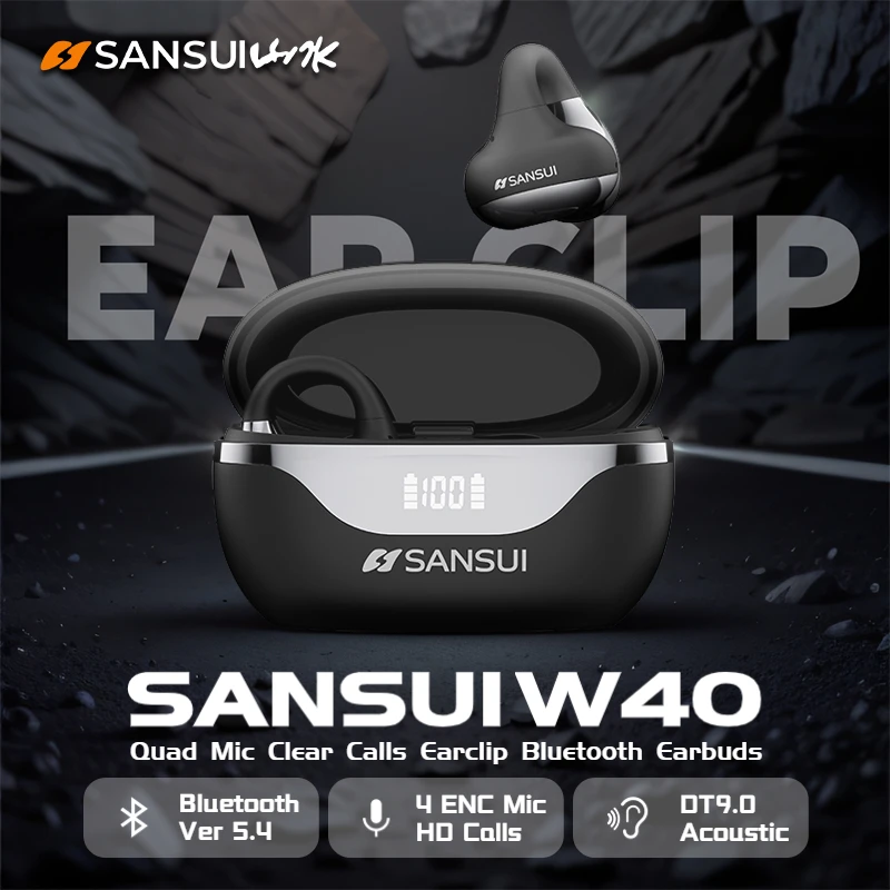 

SANSUI W40 Ear Clip Earphones TWS Clips on Ears Bluetooth 5.4 Earbuds 4 Mic ENC Noise Canceling Wireless Bluetooth Headphone