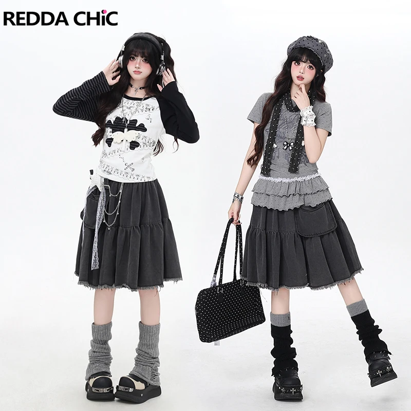 

REDDACHiC Women Cargo Jean Skirt with Pocket Removable Casual Summer Wash Gray Low Rise Ruffle Long Skirt Punk Grunge Streetwear