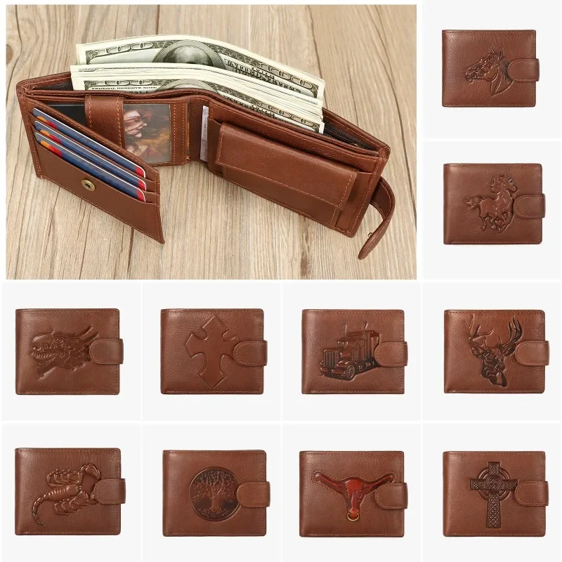 Genuine Leather Men's Wallet, Top Layer Cowhide, Personalized Embossed Short Wallet, Retro Leather Anti-Theft Money Bag