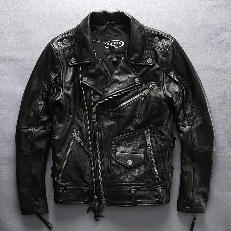 2021 European Size Genuine Leather Jacket Male High Quality Super Thick Cowhide Motorcycle Rider Bomber Jacket Black Warm Coat