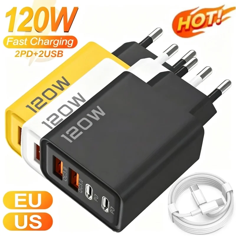 4 Ports 120W Charger USB C PD Quick Charge 3.0 Type C USB Phone Chargers Super Fast Charging Adapter For iPhone Samsung Xiaomi