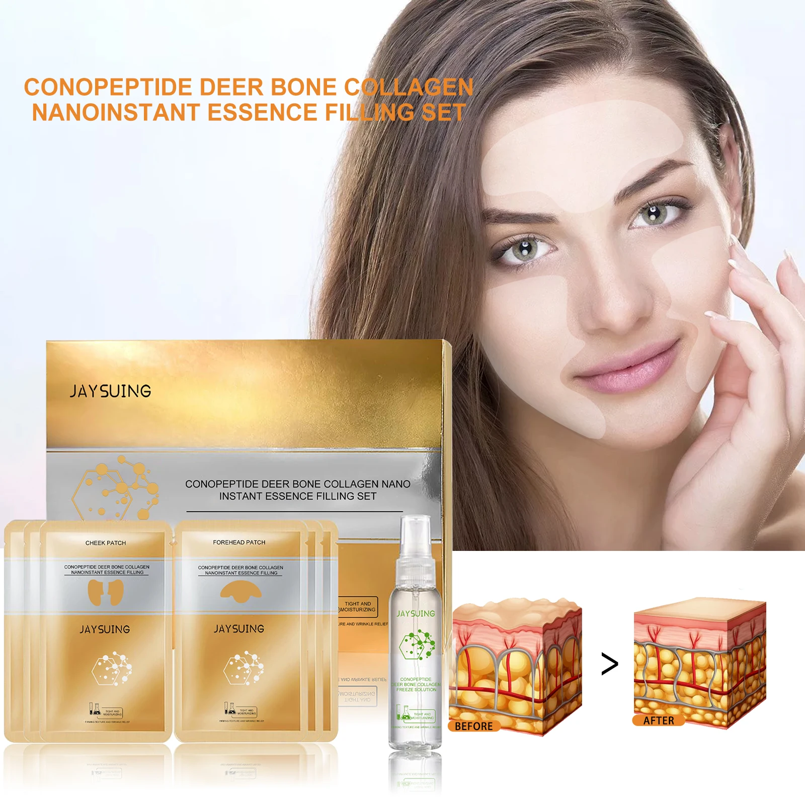 Conjunto de essência de colágeno de cervo Jaysuing Conut Peptide reduz linhas finas, evita envelhecimento, hidrata e aperta a pele do rosto