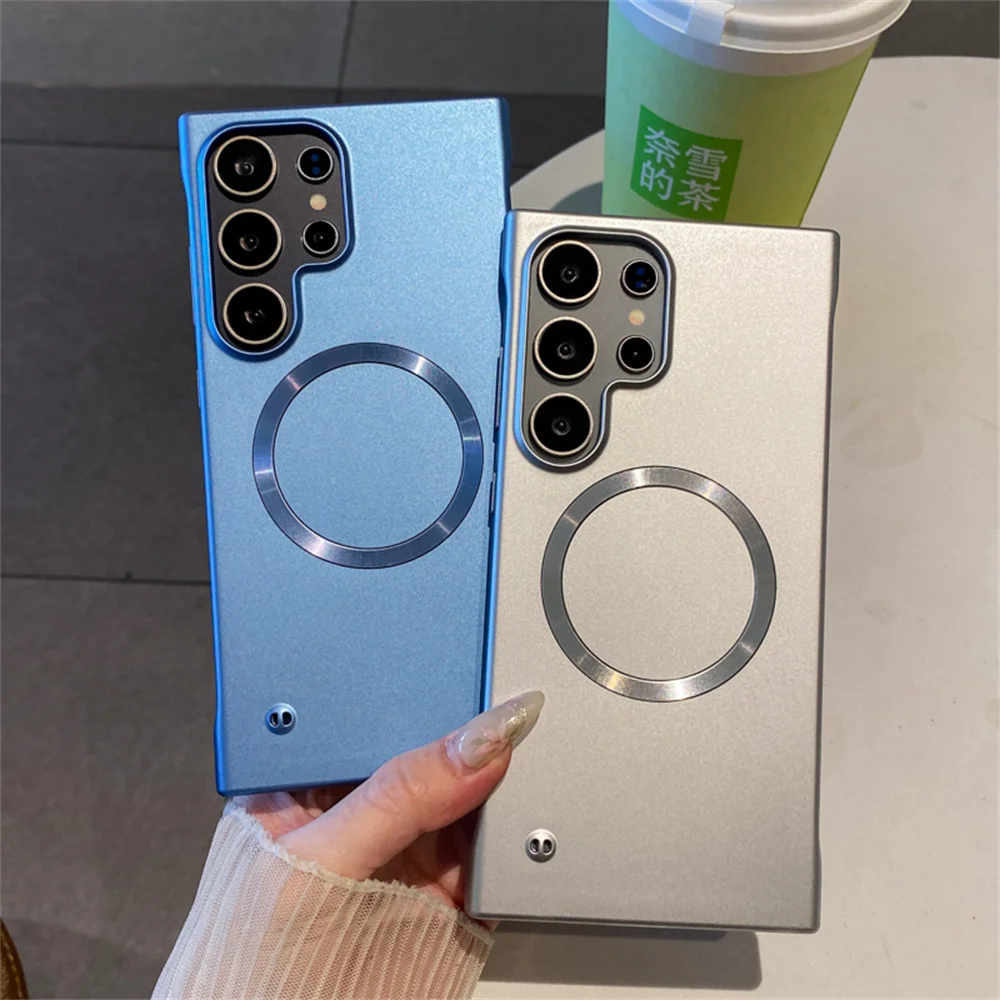حافظة هاتف مغناطيسية فاخرة لهاتف Magsafe بدون إطار لهاتف سامسونج S25 S24 Ultra S22 S23 Plus غطاء خلفي نحيف بلون معدني بدون حدود