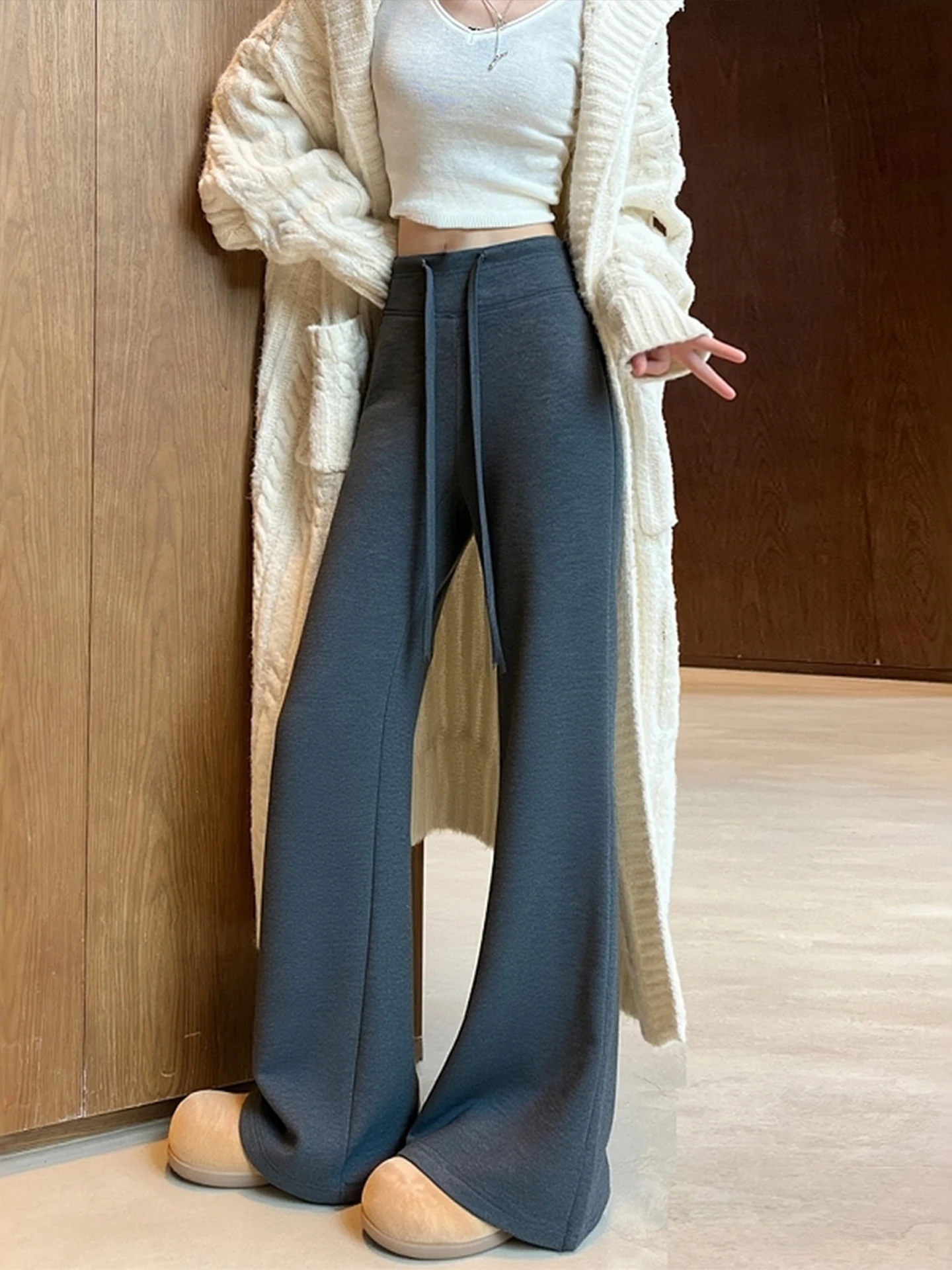 

ay Acetate Wool Fce Wide Leg Pants Women's High Waist Slim Fit Yoga Sports Pants Autumn Winter Casual Trousers