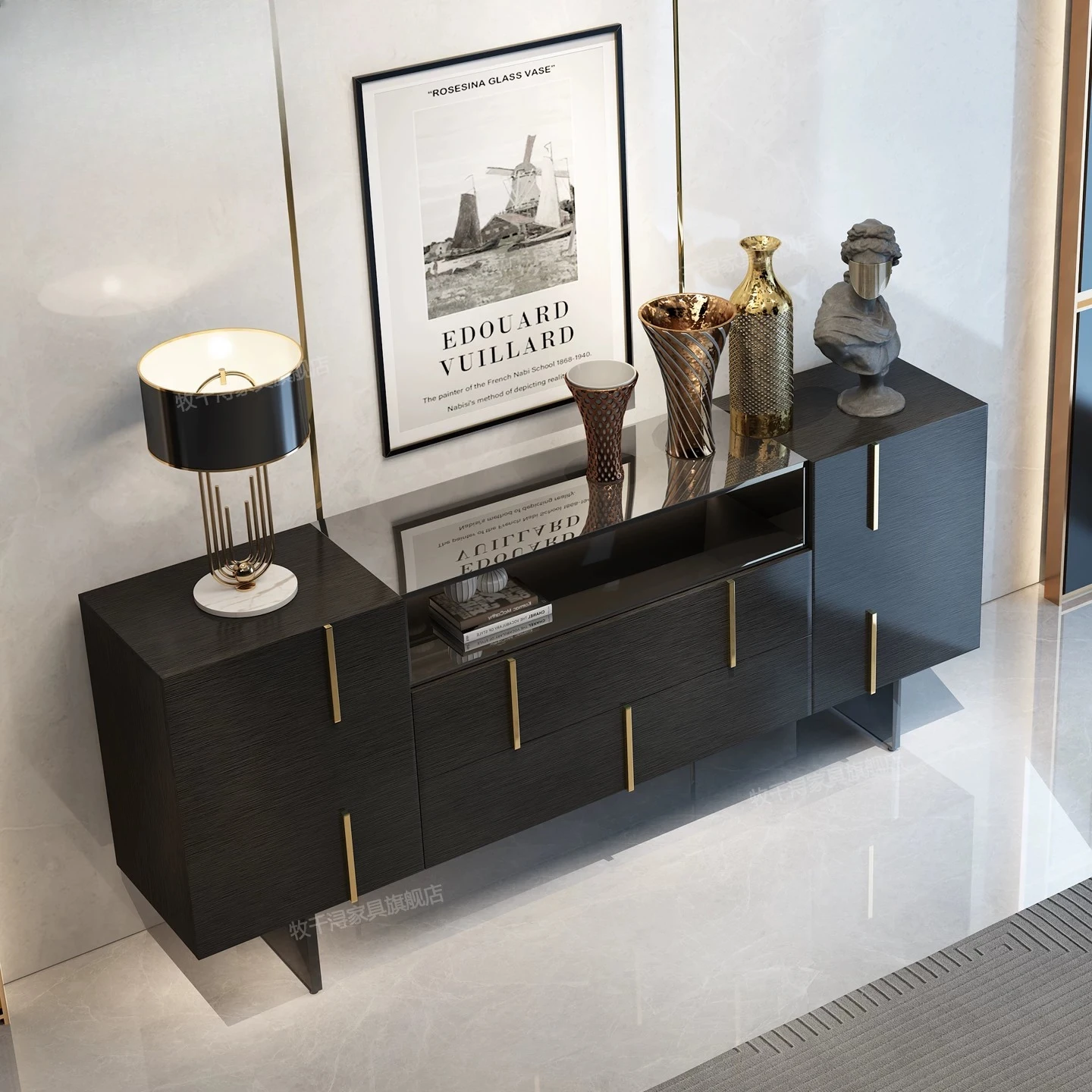 Light luxury entrance cabinet, villa large flat floor living room, multi-functional storage, high-grade lamp glass dining side