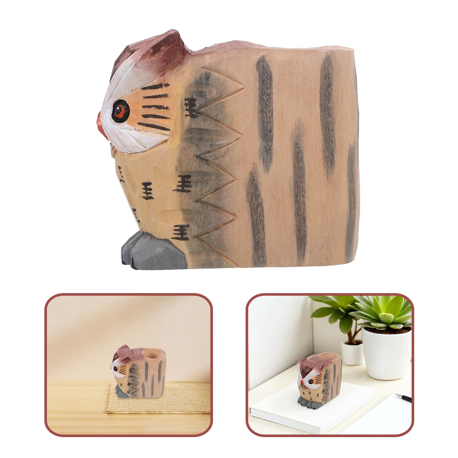 

Wood Owl Pen Holder Desk Organizer Natural Wood Texture Decorative Pencil Cup Stationery Storage Cute Office Desktop Organizer