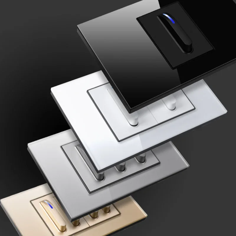 YINKA White Piano Keys Universal Wall Light Switch Tempered Glass Panel Push Button Switch LED Indicator AC110V-250V 118mm*72mm