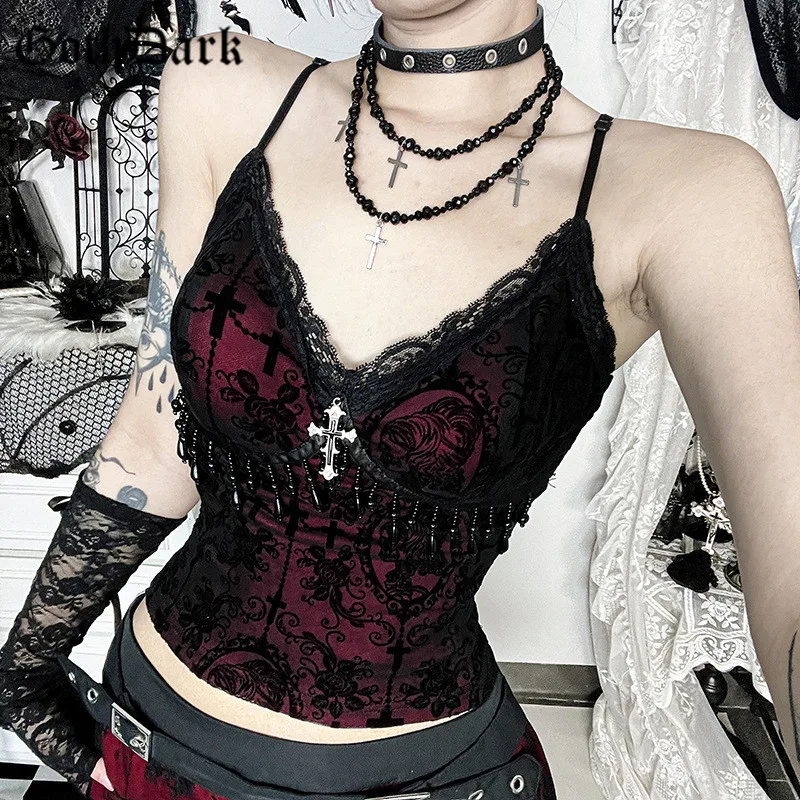 

Goth Dark Alt Teachwear Fairycore Lace Flocking Straps Crop Tops Sexy Mesh Sheer Tank Top Mall Gothic Cross Tassel Slim Camisole