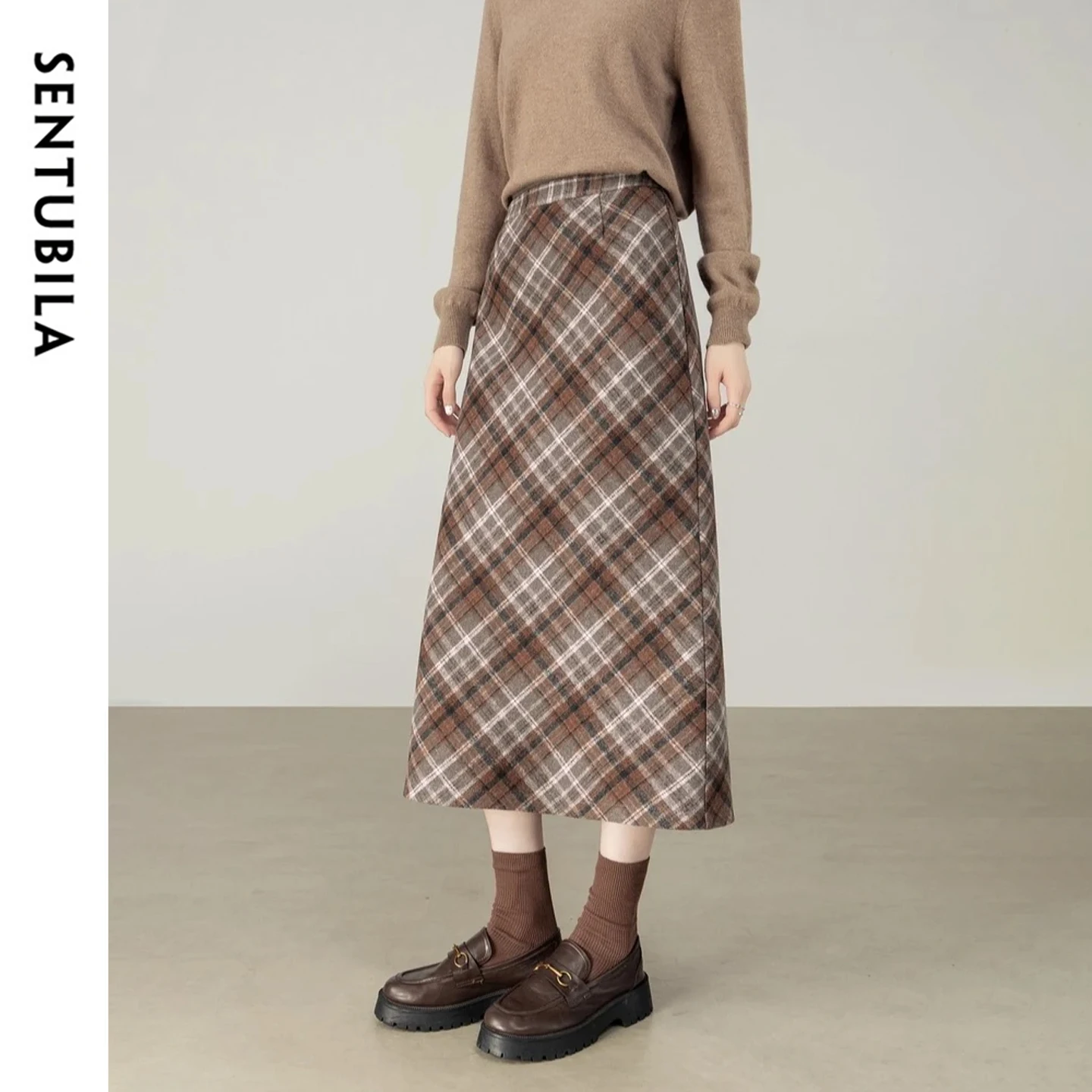 SENTUBILA Women's Long Straight A-line Wool Skirt 2026 Winter British Wool Blend Thick Commuting Casual Plaid Skirt 154QN2631