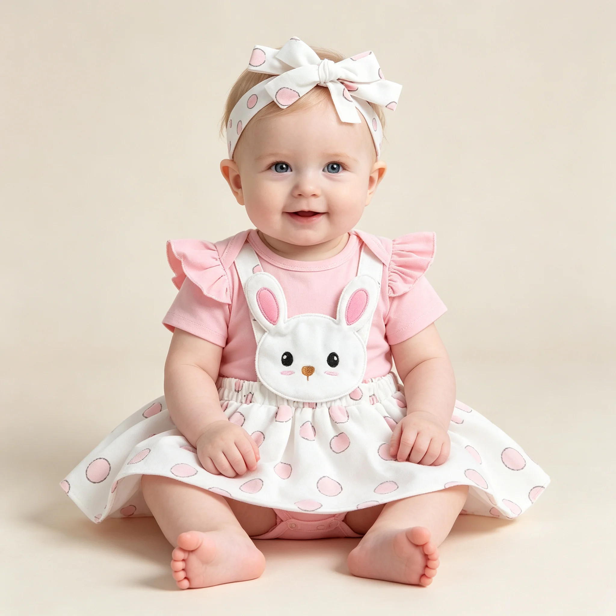 Baby Girl Pink Bunny Outfit Long Sleeve Romper Rabbit Suspender Skirt Overall Dress