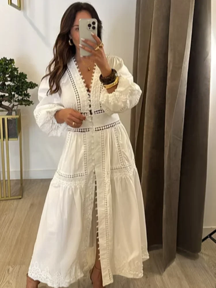 أنيقة قدس خارج فستان طويل المرأة فانوس كم عميق الخامس الرقبة واحدة الصدر فساتين فضفاضة 2025 الصلبة مكتب رداء سيدة