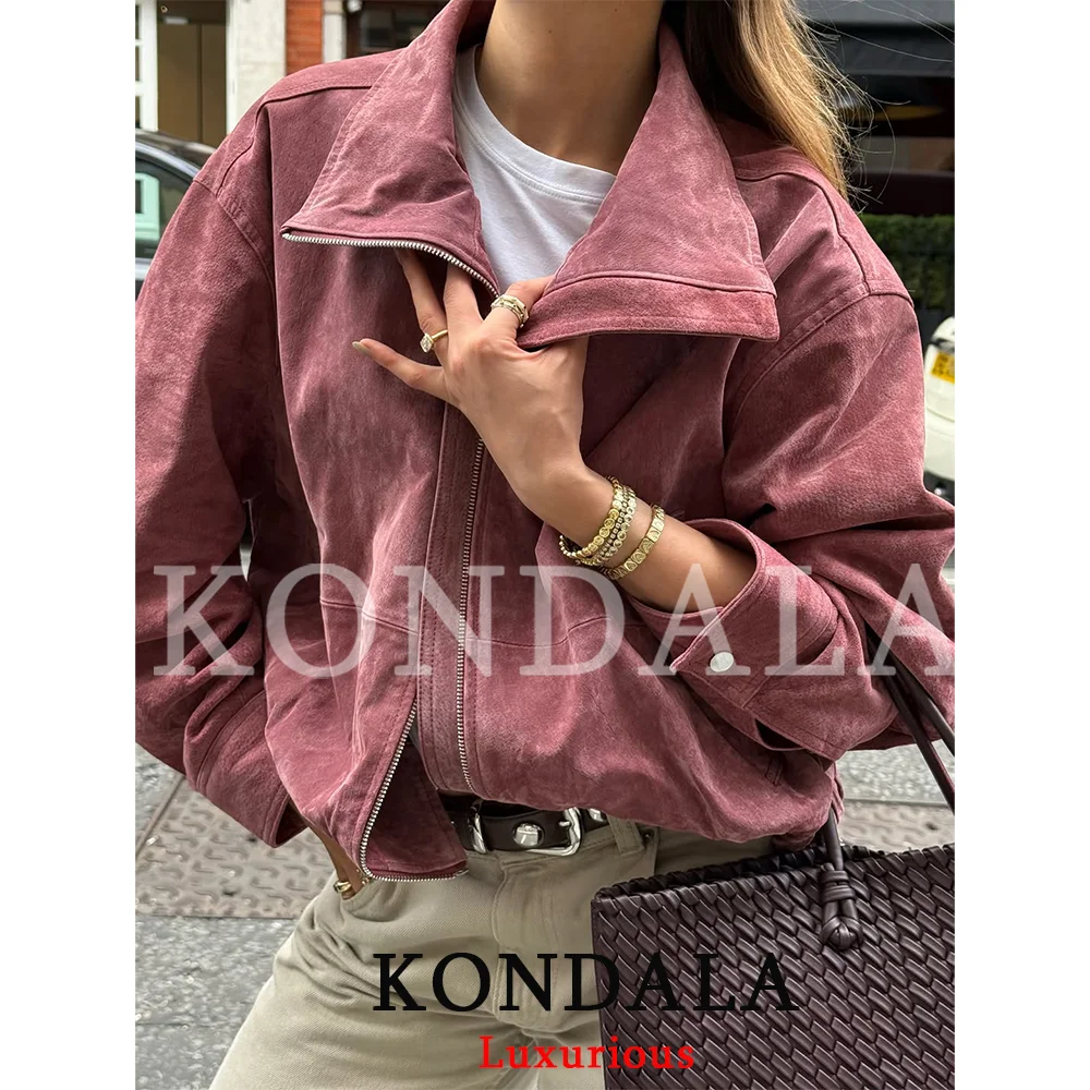 KONDALA Lässige, schicke Wildleder-Bomberjacke für Damen, langärmelig, mit Reißverschluss, Stehkragen, Damenmantel, Herbst/Winter, mit Taschen, Streetwear-Jacke – Detail 6