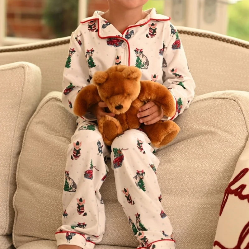 

Mommy and Me Matching Pajamas Animal Print Long Sleeve Lapel Button Down Tops and Pants Set Family Sleepwear