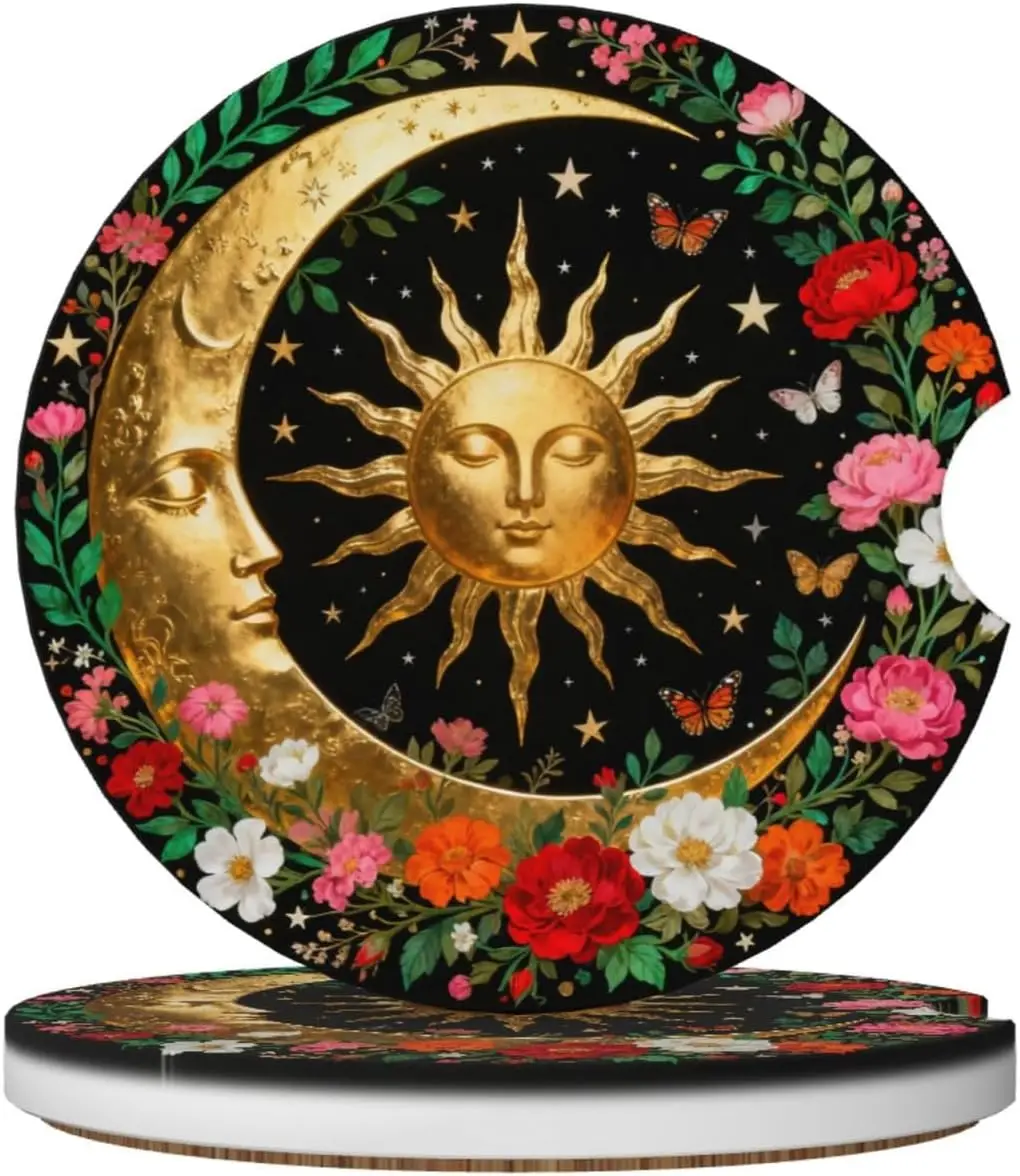 Sun Moon 2 Pack Car Cup Holder Coasters Ceramic Drink Coasters | Flowers Butterflies Absorbent 2.56