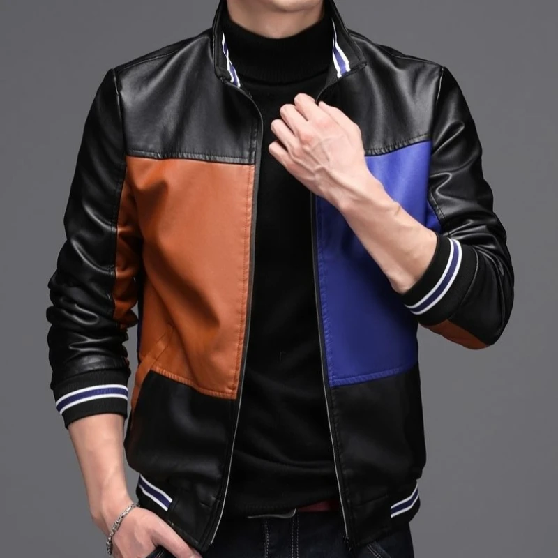 

Business Casual Men's PU Leather Coat with Stand Collar Contrast Color​ Autumn Winter New Style Warm Faux Fur Trendy Slim Fit