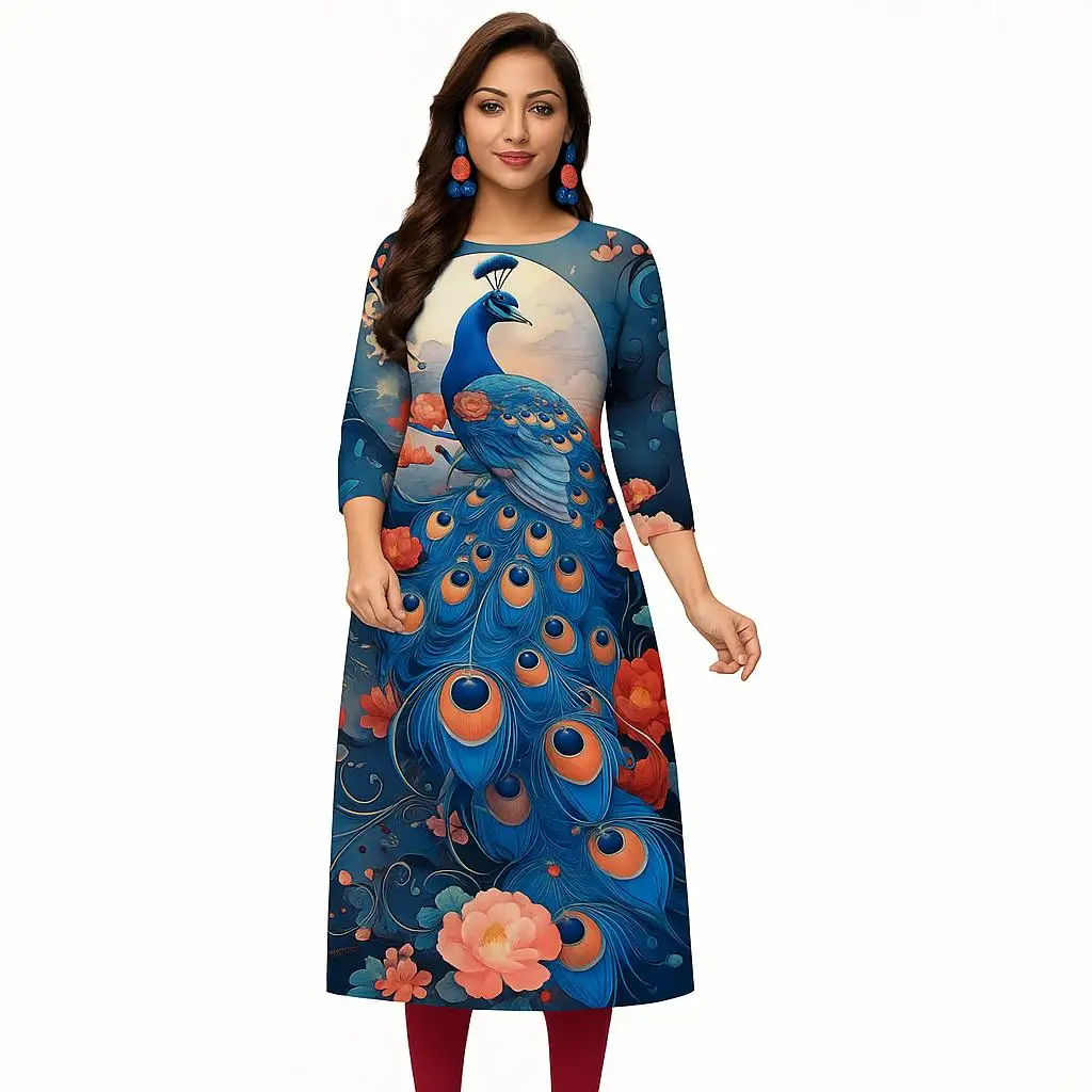Kurt Women's Fashion Comfortable Dress Long Sleeve Straight Tube Casual Ethnic Round Neck Peacock Pattern New Style Skirt