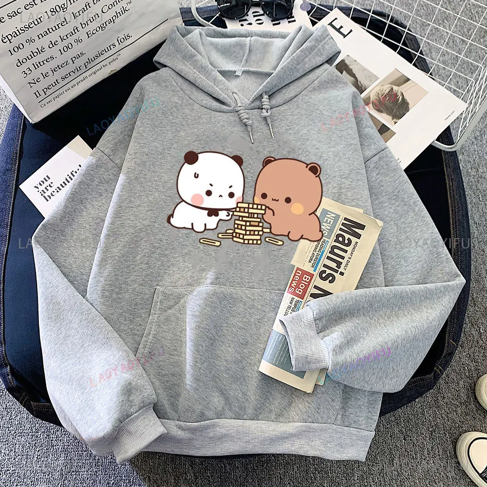 Panda and Brownie Bear Couple Bike Riding Hoodie Bubu Dudu Game Play Print Pullovers Kawaii Cute Man Women Winter Swaetshirt