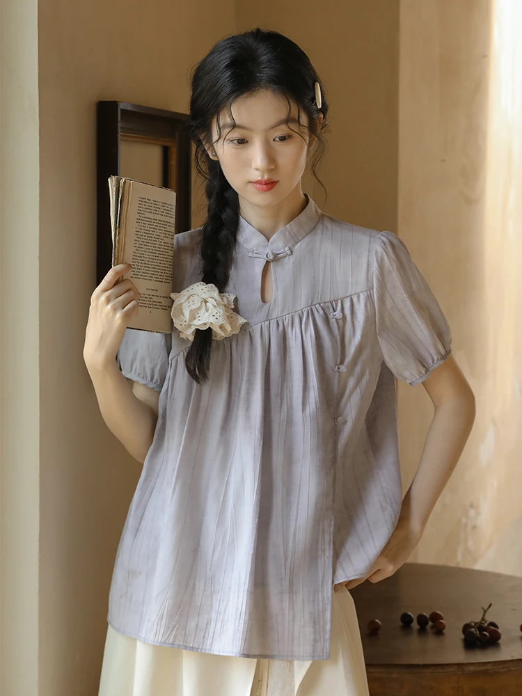 

Женская футболка Nesoulum с коротким рукавом, свободного кроя, градиентного цвета, с воротником-стойкой, летняя, в художественном ретро-стиле, в китайском новом стиле