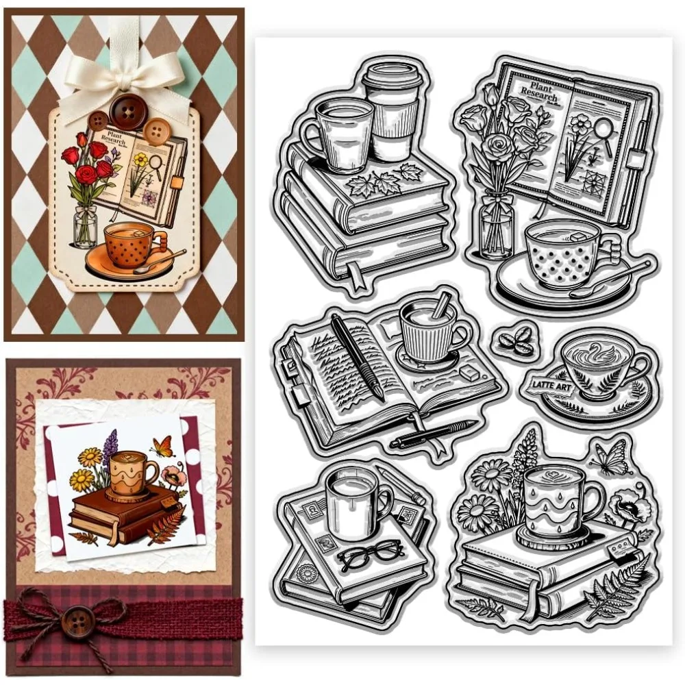 Klare Stempel mit Buch- und Kaffeemuster, Blumen-Stempelsiegel für DIY-Scrapbooking und Kartenherstellung, Papierhandwerk, 6,3 × 4,3 Zoll