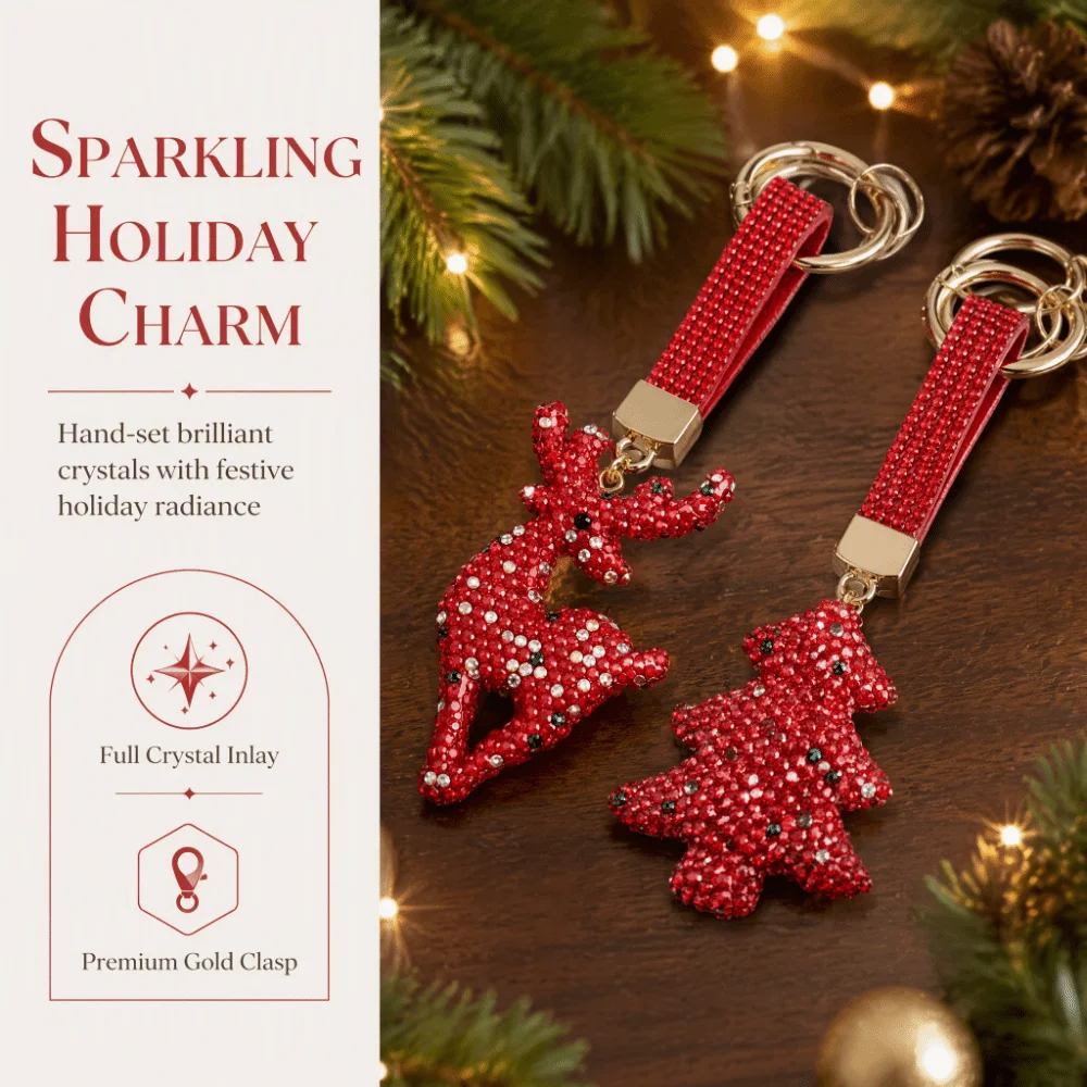 Elk Rhinestone Christmas Keychain Cane Christmas Tree Santa Claus Keychain Blingbling DIY Metal Xmas Pendant Jewelry Gifts