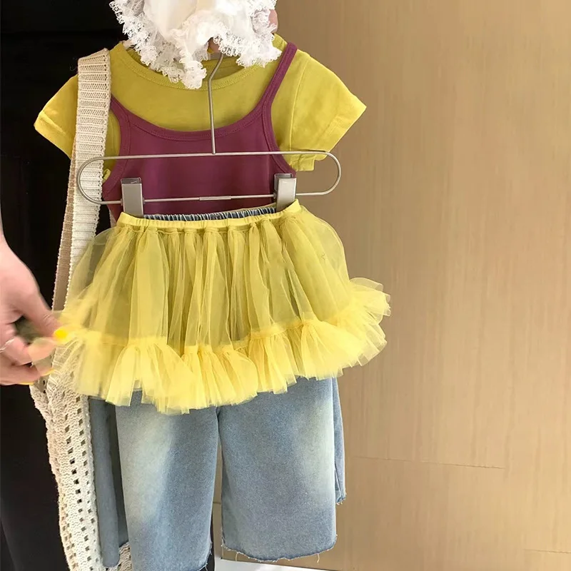 

Halter Tops T-shirt Leather Face Pants Set 2025 New Solid Color Fashion Simple Cute Color Matching All-match Four Piece Set