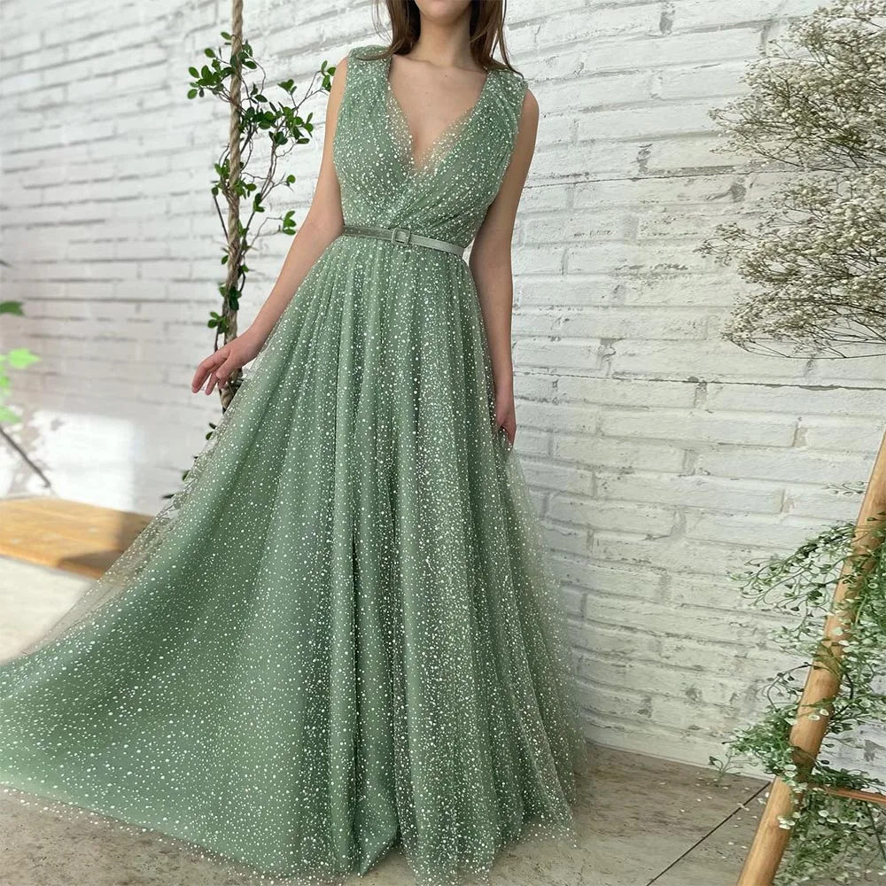 Sevintage Sparkly Groen Gestippelde Tulle Prom Jurken Met Riem V-hals A-lijn Formele Party Dress Lange Avondjurken Met Zakken