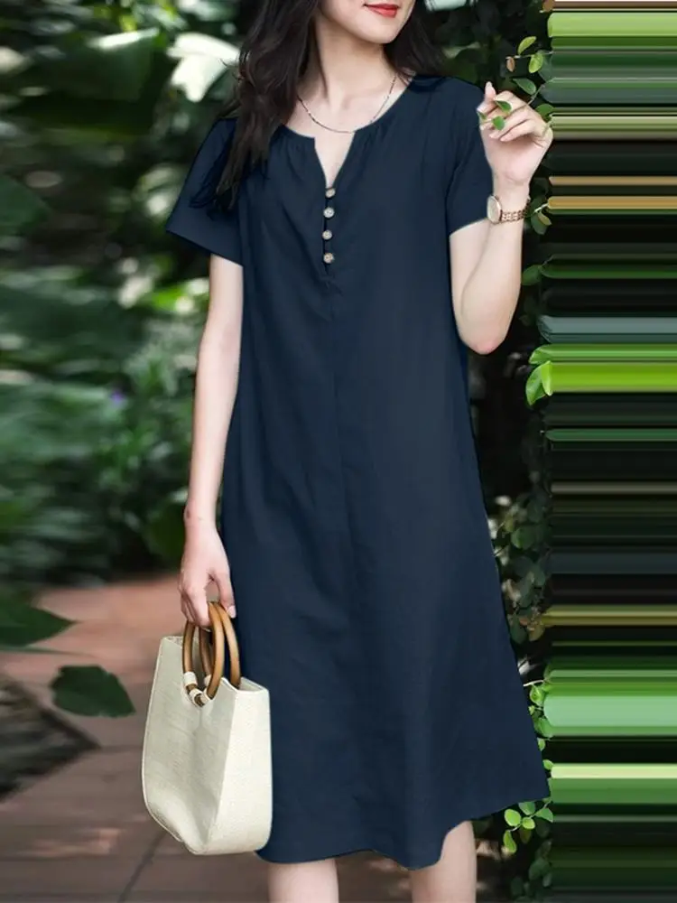 ZANZEA ฤดูร้อนผู้หญิงแขนสั้นชุดแฟชั่น V คอปาร์ตี้วันหยุด Vestidos Robe Femme Casual หลวมผ้าฝ้าย Sundress Oversize