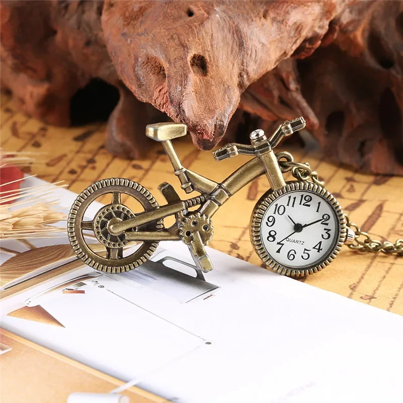 Vintage Bike Shape Clock Bicycle Men Women Quartz Analog Pocket Watch Pendant Necklace Chain Arabic Numeral Display Collectable