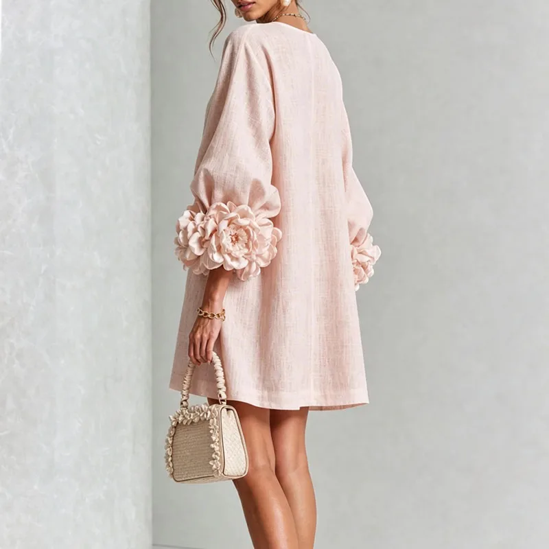 Elegant Solid Dresses Women Round Neck Lantern Sleeve 3D Flower Cuff Decorative Button Loose Short Dress Casual Streetwear Dress