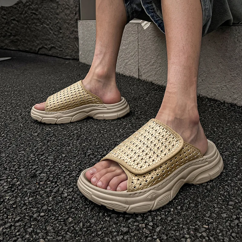 خمر نمط الرجال الصنادل الترفيه المشي الذكور الانزلاق على النعال القش النسيج الصيف المفتوحة تو أحذية الشاطئ الشقق عادية