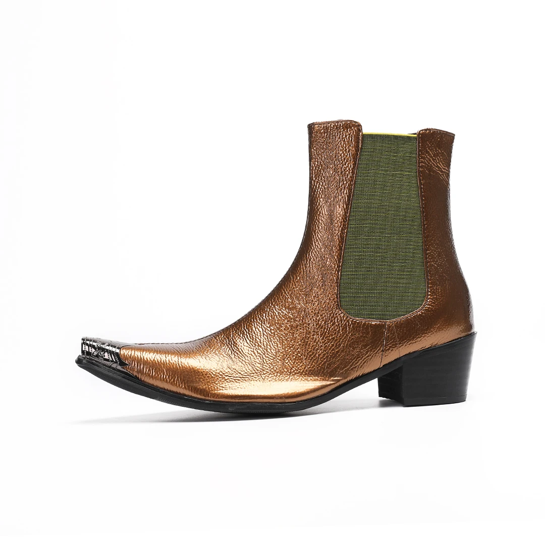 Men's Genuine Leather Chelsea Boots Gold Heels Metallic Pointed Toe Stretch Ankle Boots Western-Style Boots Formal Party Shoes
