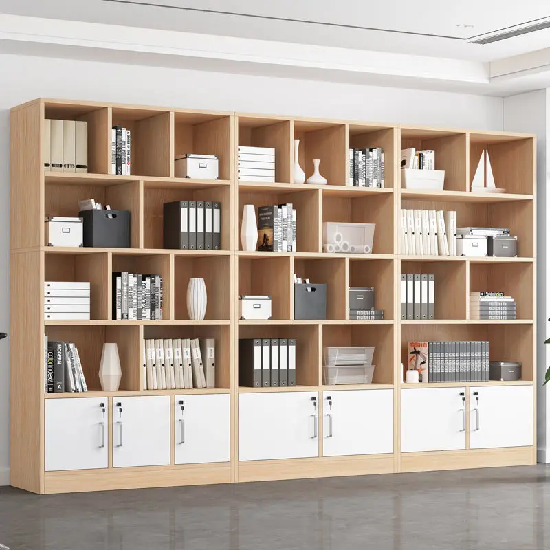 

Wood color file cabinet Wooden partition Data filing cabinet Office bookcase with lock cabinet against wall Bookshelf shelf